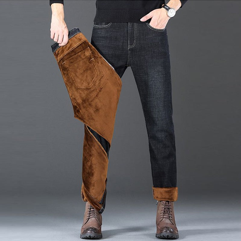 Men New Winter Warm Jeans Male Fleece Lined Thickened Denim Pants Loose Straight Cold Protection Casual Breathable Trousers