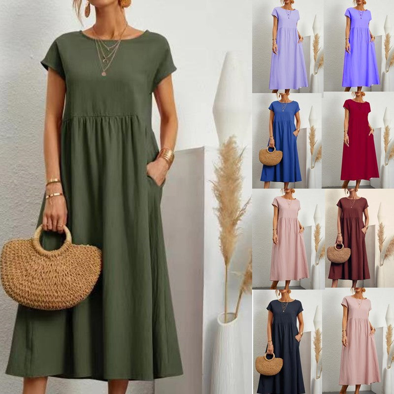 Women Vintage Solid Dress 2023 Summer Elegant O Neck Short Sleeve Cotton Linen D