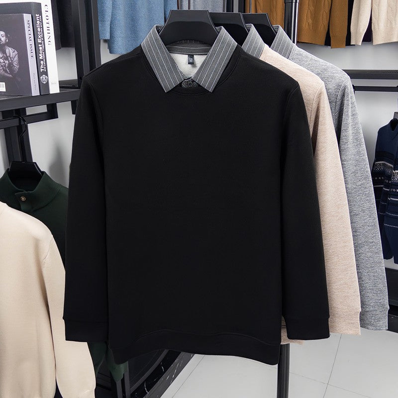 Fake Two-piece Striped Shirt Collar Knitted Sweater Men's Warm and Versatile Casual Woolen Shirt Waffle Top Winter Trend