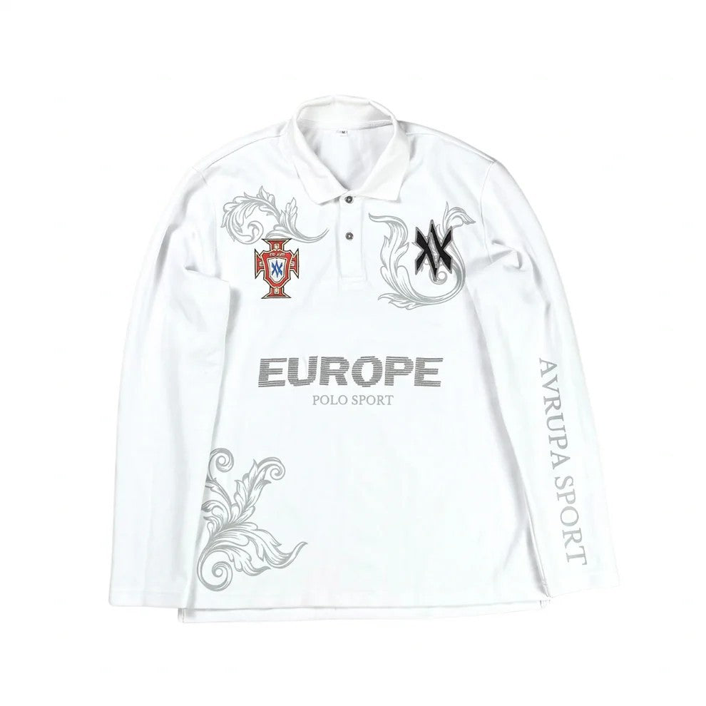 Retro Long Sleeve Polo Shirt Y2k Casual Loose Letter Pattern Embroidery T Shirts Street Sweatshirt Men Cotton Jersey Lapel Golf