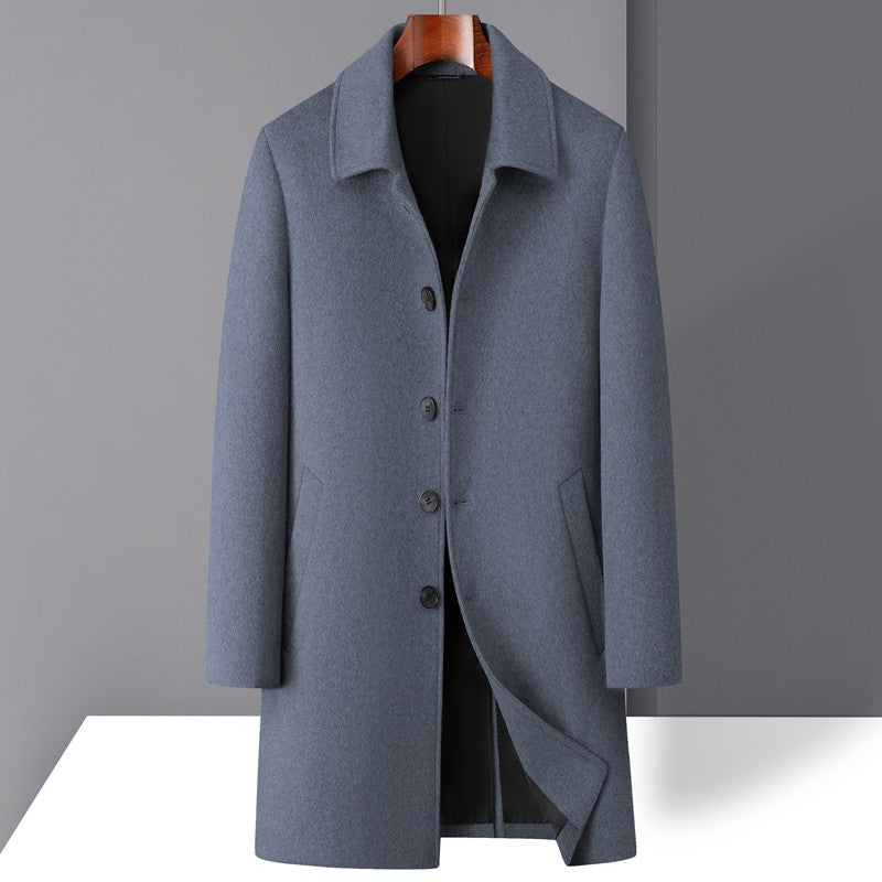High-quality men's fashionable, stylish and versatile solid-color casual long woolen overcoat, wool woolen overcoat