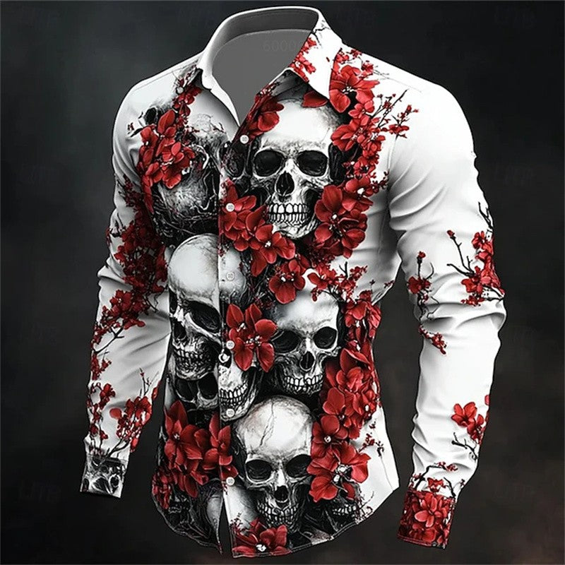 Men's Skull Day of the Dead Rose Shirt Casual Formal Button Shirt Long Sleeve Dark Punk Gothic Style Holiday Lapel Shirt White