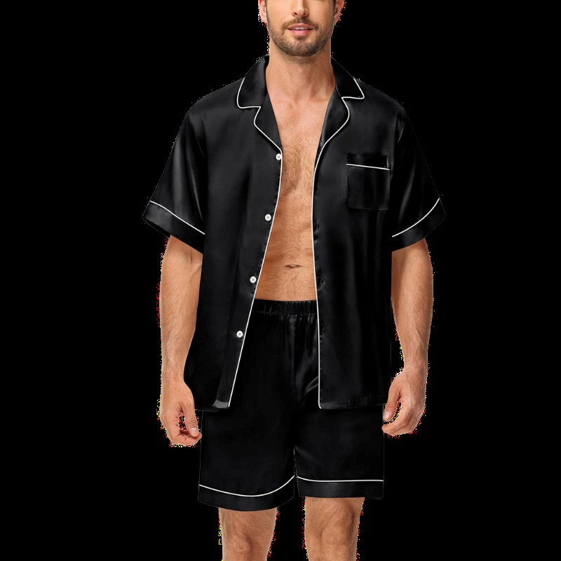 Men's Luxury Satin Pajama Set Short Sleeve Lapel Front Buttons Top And Elastic Shorts Comfortable Fit Loungewear Sleepwear Pjs