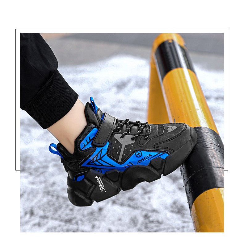 Winter Children's Fashion Sports Shoes Leather Boys' Running Sneakers Flat Casual Walking Shoes Warm Lightweight Outdoor Boots