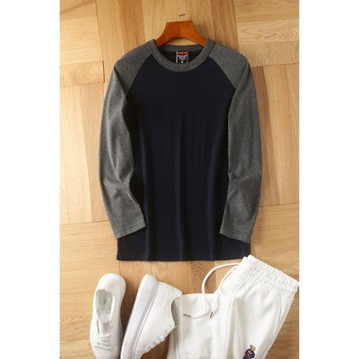 Summer New American Retro Raglan Long-sleeved O-neck Montage T-shirt Men's Fashion Simple 100%Cotton Washed Casual Sport Tops