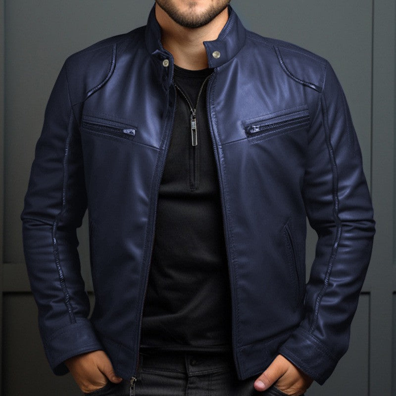 New Men's Business Leather Jacket for Autumn and Winter, Fashionable Stand Up Collar Casual Leather Jacket for Men