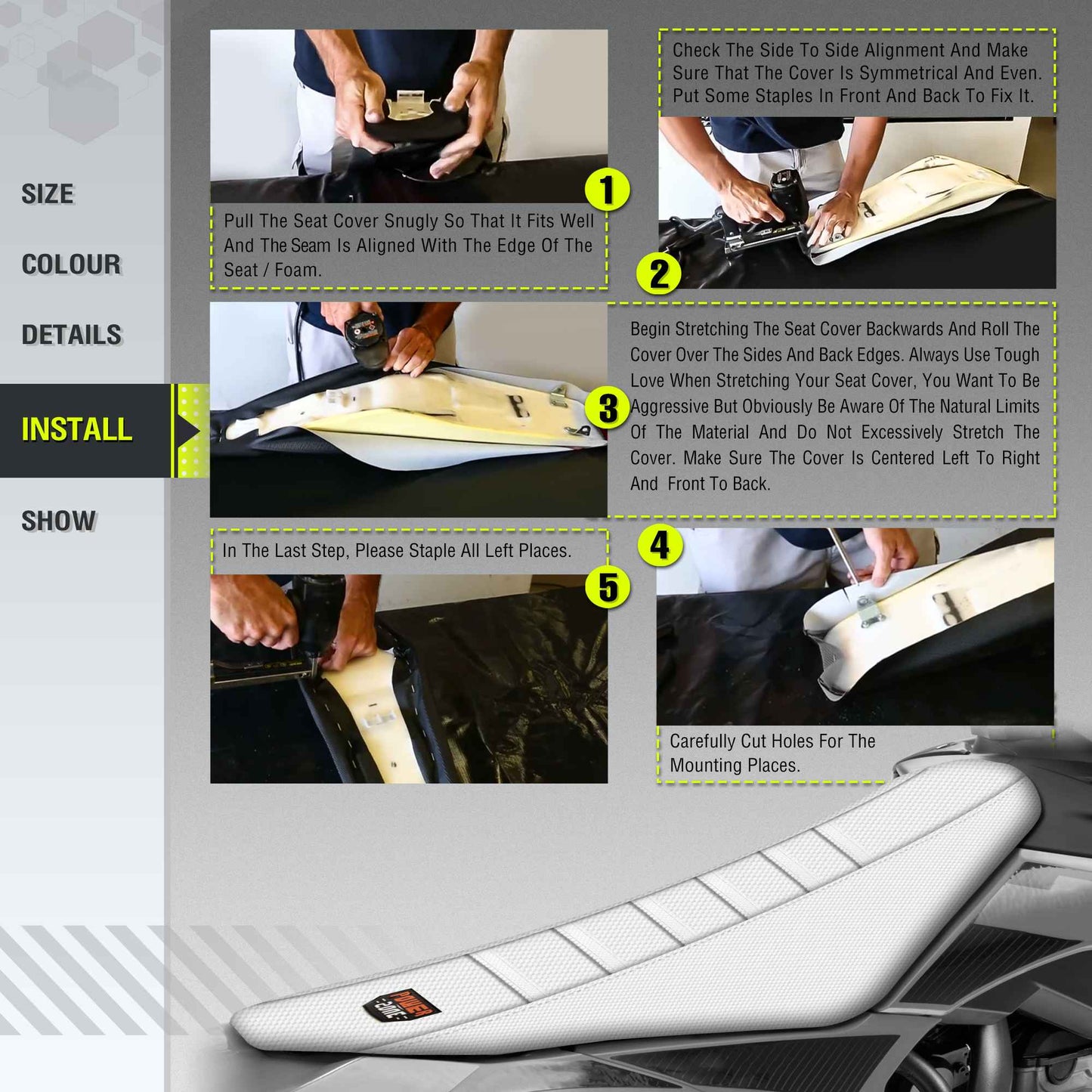 Capa de Banco Branca Powerzone Macia Impermeável Antiderrapante Canelada para Motocicleta Capa de Banco para SXF EXC KXF CRF YZF WR TC TE