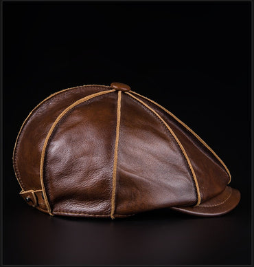 Men's Beret 100% Genuine Leather Head Layer Cowhide Outdoor Warm Octagonal Cap Waterproof Soft Wear Four Seasons Appropriate