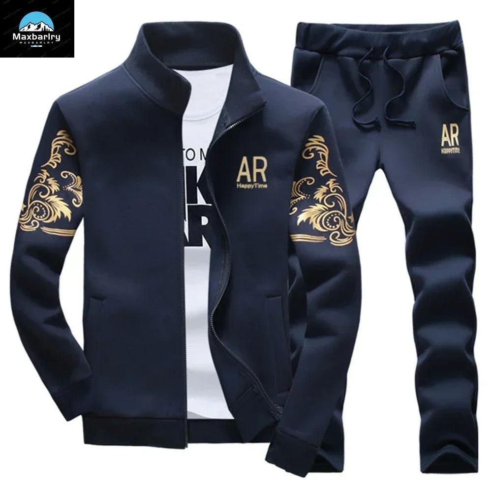 Winter Men's Sports Suit with Fleece and Warm Standing Collar Jacket+men's Drawstring Sports Pants Fashionable Printed Men's Set