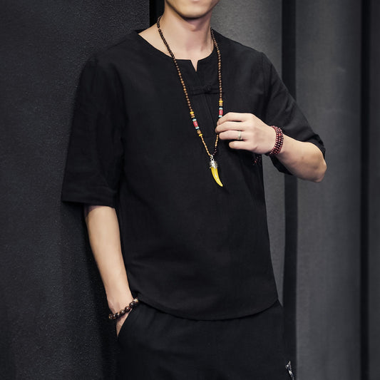 2023 Men Summer Cotton Linen Tang Shirt Men Chinese Style Button Short-Sleeved Shirts Male Blouse Vintage Kung Fu Hawaiian Shirt