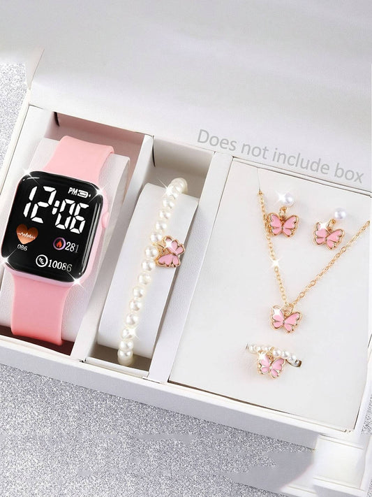 Set of 6 minimalist square LED watches with butterfly pearl jewelry
