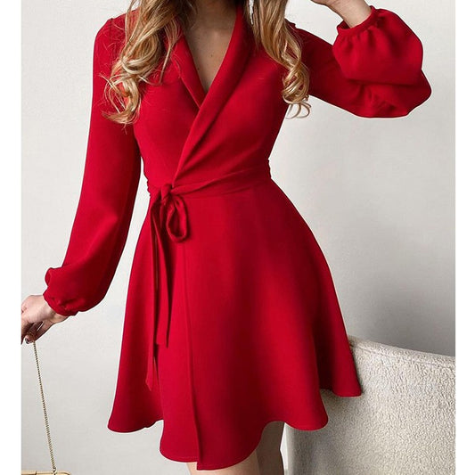 Autumn Winter Womens Dresses V-neck Wrap Up Dress for Women Woman Clothing Korean Version long sleeve Loose Elegant dress Skirt