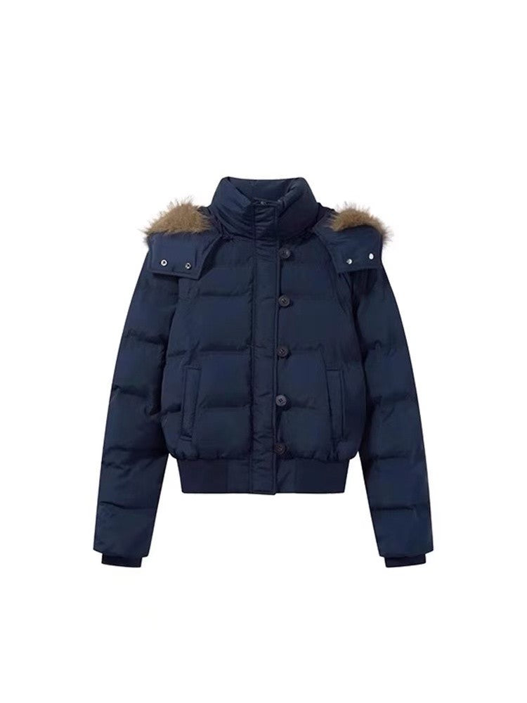 South District Fiona Women's Winter Jacket Navy Blue Cotton Short down Coat with Detachable Hood And Fur Collar