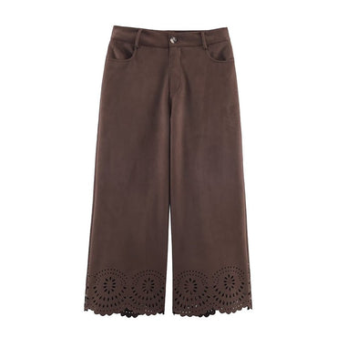 Die-Cut Hem Faux Suede Wide Leg Pants For Women Vintage Brown High Waist With Pockets Casual Loose Trousers
