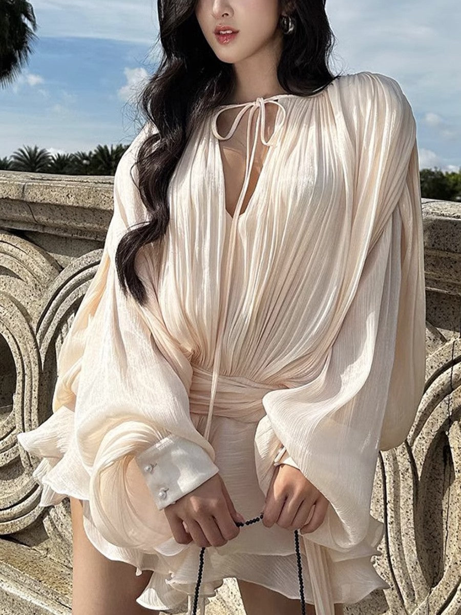GALCAUR Solid Loose Splicd Lace Up Dresses For Women V Neck Long Sleeves Patchwo