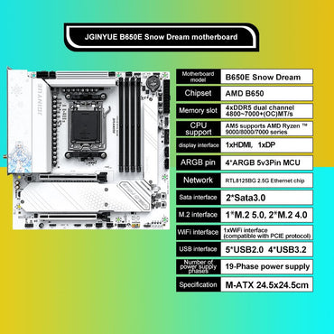 JINGYUE B650E SNOW DREAM Gaming Motherboard AMD AM5 Socket 192GB DDR5 3 M.2 Heat Sink withwith ARGB Sync HDMI DP Type-C