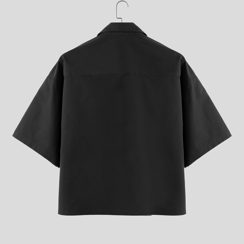 INCERUN Men's Shirts Solid Color Lapel Short Sleeve Pockets Button Male Crop Tops Streetwear Summer Loose Fashion Men Clothing