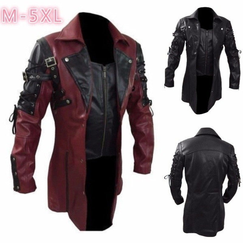 Fashion Black Pu Leather Trench Coat Men Winter Gothic Steampunk Leather Motorcycle Jacket Male Outwear EU Size XXXXXL
