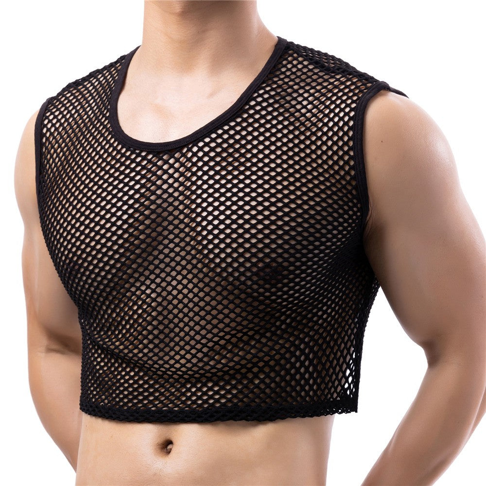 Mens Transparent Fishnet Crop Top Sexy Mesh Hollow Out Tank Tops Gym Fitness Sleeveless Undershirts T-shirts Nightclub Mini Vest