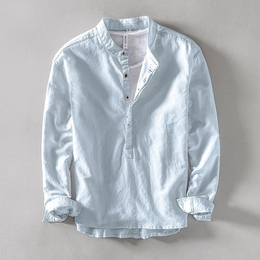 2024 Men's Linen Long-sleeved Shirt with Stand Collar, Youth Casual Loose Men's Cotton and Linen White Shirt.Beach Vacation Top