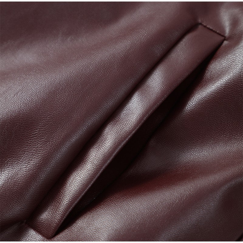 Full Sleeve Cropped Women Casual Slim Thin Motorcycle Coat Chic Zipper Lapel Wine Red Leather Jacket Lady New Highstreet Outwear