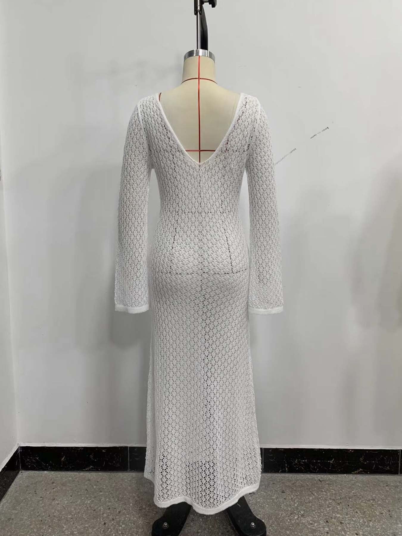 Sexy Women White Long Knit Sleeve Bikin Fashion Cover up Female See-Through Deep