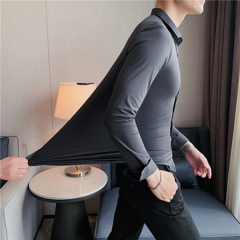 Men's Long Sleeved Elastic Shirt No Ironing Business Wear Professional Workwear Stand Up Collar Shirt Casual Solid Color Shirt