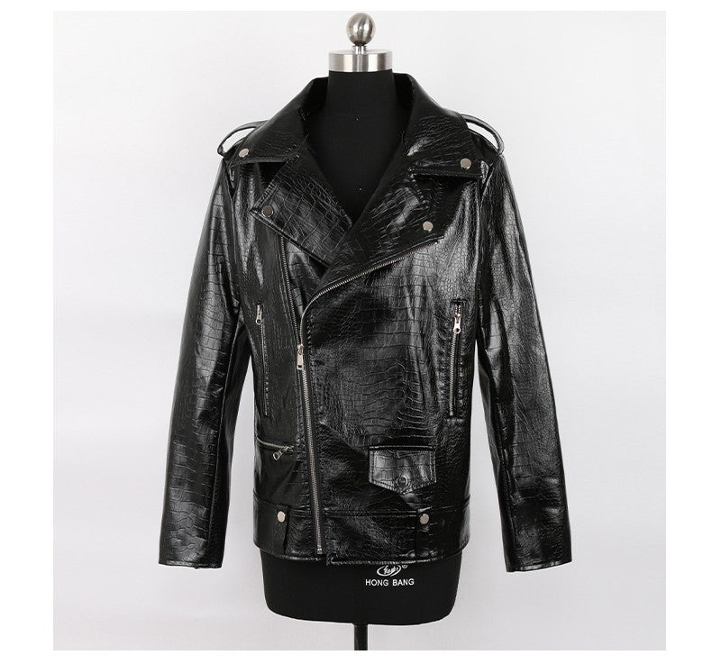 Mauroicardi Spring Red Crocodile Pattern Faux Leather Biker Jacket Long Sleeve Zipper Plus Size Designer Men Clothing 4xl 5xl