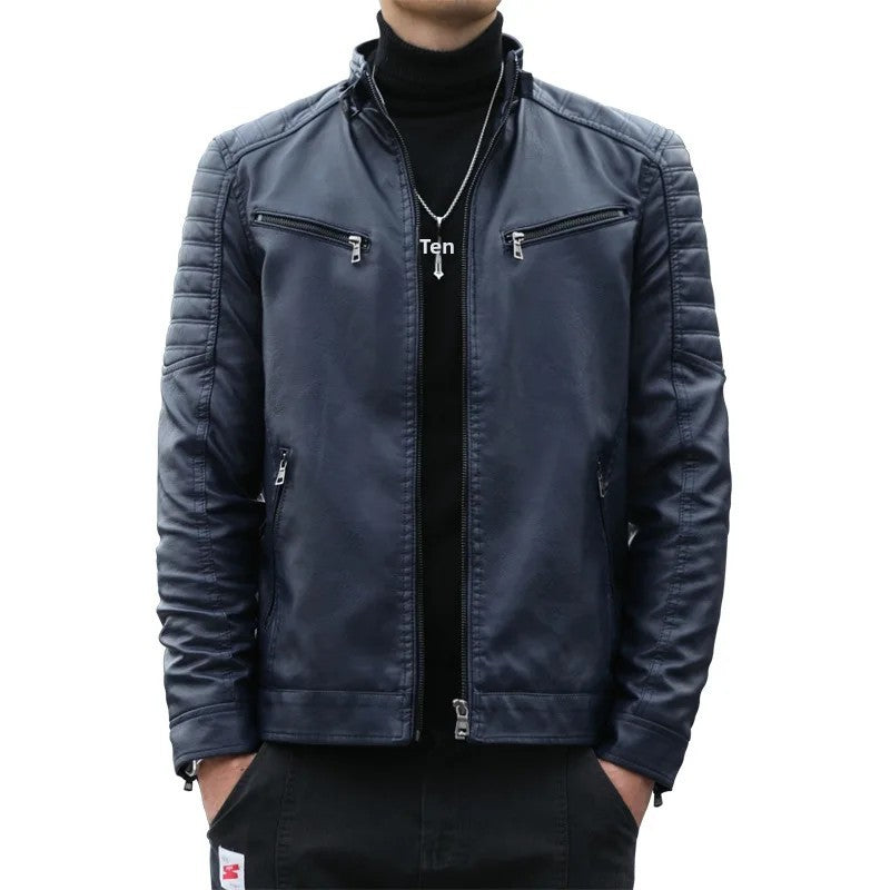Men's Fleece Lined Biker Jacket Stand Collar Casual Versatile Spring Autumn Leather Coat for Students Fashionable Outerwear