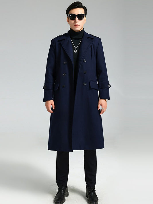 Nerazzurri Autumn Winter Long Elegant Luxury Chic Navy Blue Warm Woolen Coat for Men Double Breasted Wool & blends Overcoat 2023