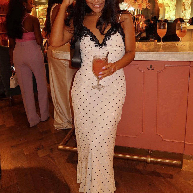 Tossy Lace V-Neck Patchwork Maxi Dress Women Backless High Waist Slim Spaghetti