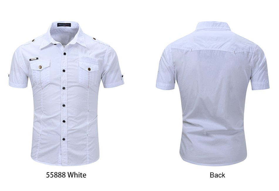 2022 New Arrive Mens Cargo Shirt Men Casual Shirt Solid Short Sleeve Shirts Multi Pocket Work Shirt Plus Size 100% Cotton