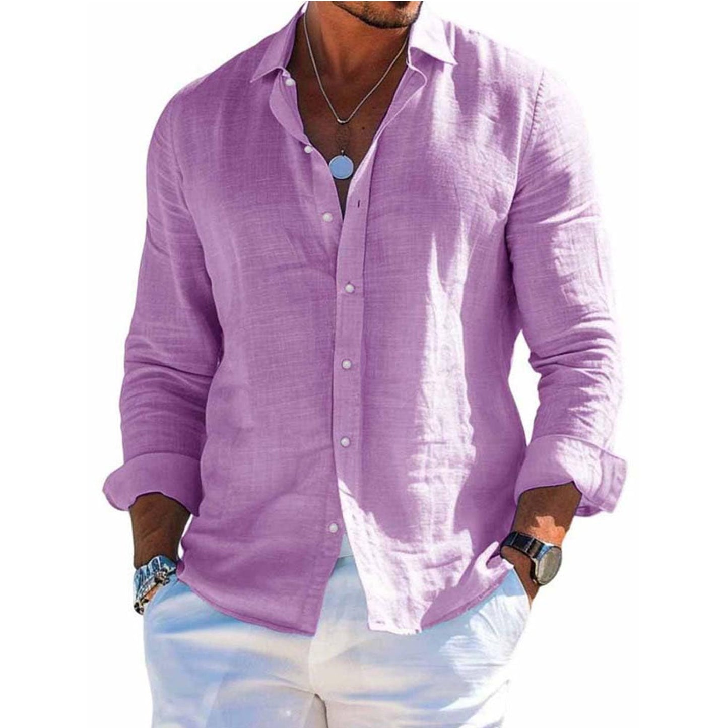 Men's tops long sleeve new style shirt cotton linen cool solid color loose lapel casual beach style cardigan spring and summer