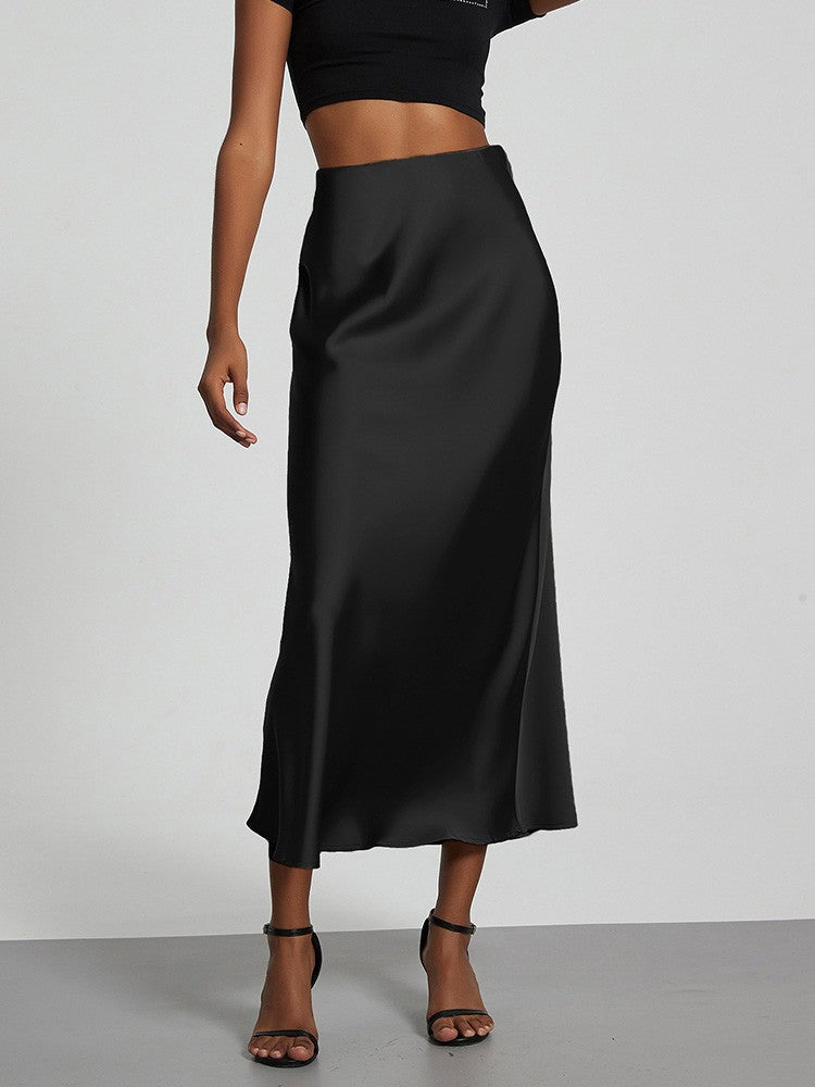 Fashion Satin Party Long Skirt High Waist Solid Color Casual Basic Women Skirts