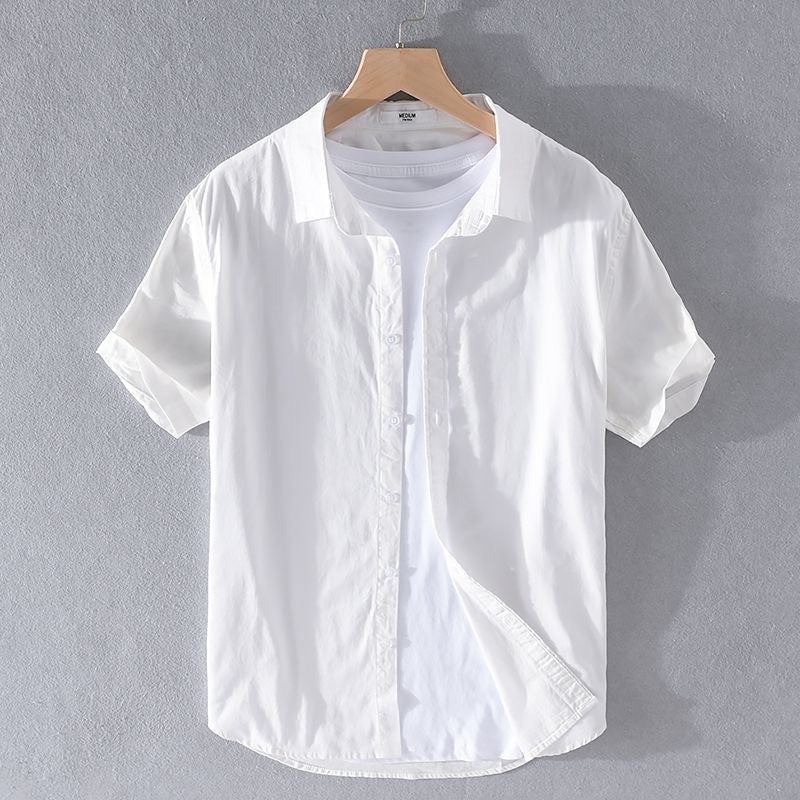 High Quality Cotton Linen Men's Summer Fashion Shirt Solid Color Simple Casual Short Sleeve Blouses Basic Thin Breathable Tops