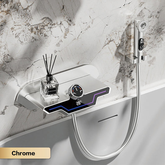 Luxury black brass wall mounted thermostatic bathroom faucet with LED digital display design, embedded hot and cold bathtub Tap