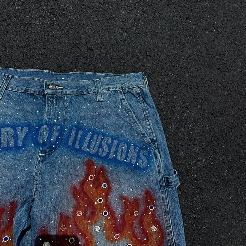 Y2K Fashion Distressed Hand Painted Vibrant Red Flame Pattern Gemstone Decoration Blue Denim Shorts Men Women Casual Streetwear