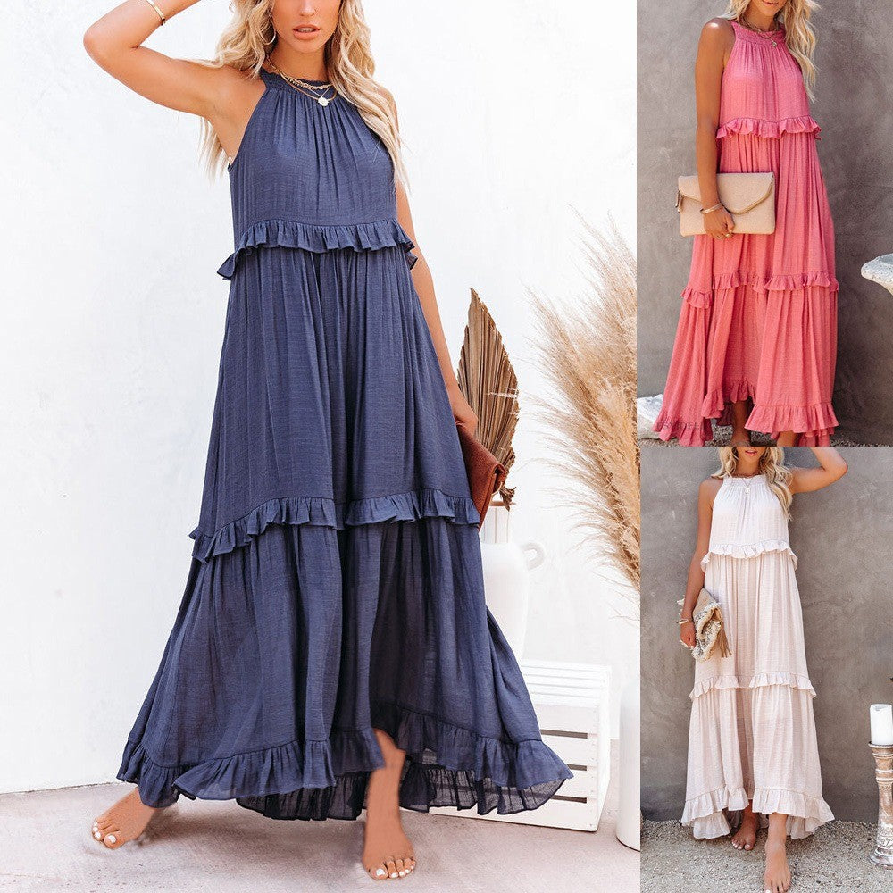 Elegant Women's Apricot Ruffle Edge Long Mop Floor Dresses Summer Fashion Hangin
