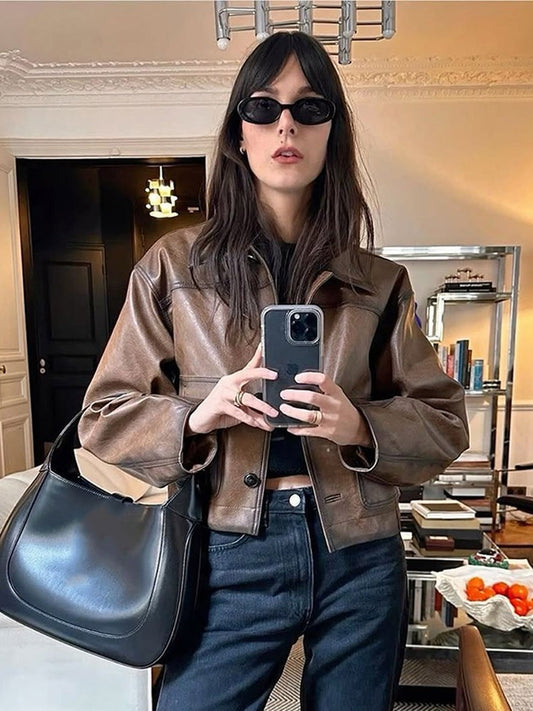 Full Sleeve Cropped Women Casual Slim Thin Motorcycle Coat Chic Zipper Lapel Wine Red Leather Jacket Lady New Highstreet Outwear