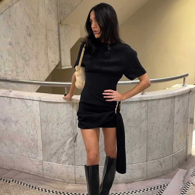 Mozision Short Sleeve Draped Sexy Mini Dress For Women Black Metal Buckle O Neck