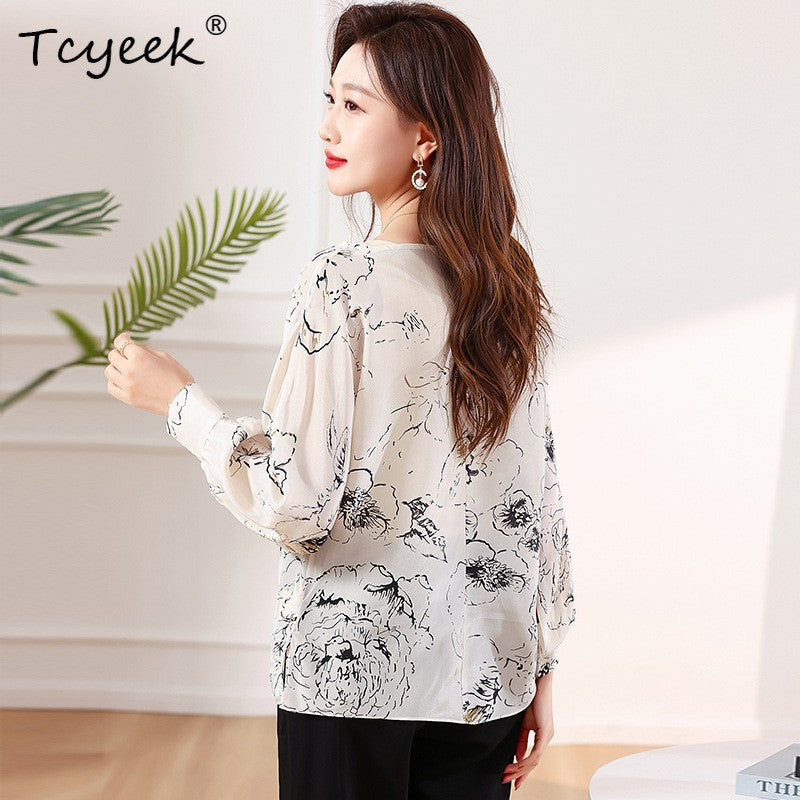 Tcyeek, 100%Real Silk Elegant Shirt, Women Long Sleeve ONeck Printed, Loose Fashion OL Blouses, 2024 Summer Autumn T47116QM