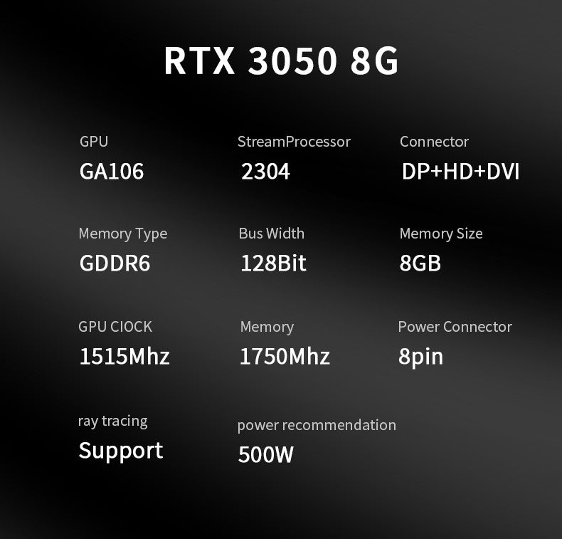Placa de Vídeo VEINEDA RTX3050 8GB GDDR6 128bit para Computador RTX 3050 8GB Gaming PC rtx 3070 DP*HDMI -compatível