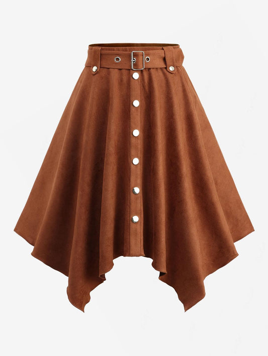 ROSEGAL Plus Size Asymmetric Skirt with Removable Belt Buttons Suede Handkerchief Top Women's Fashion Casual Skirts