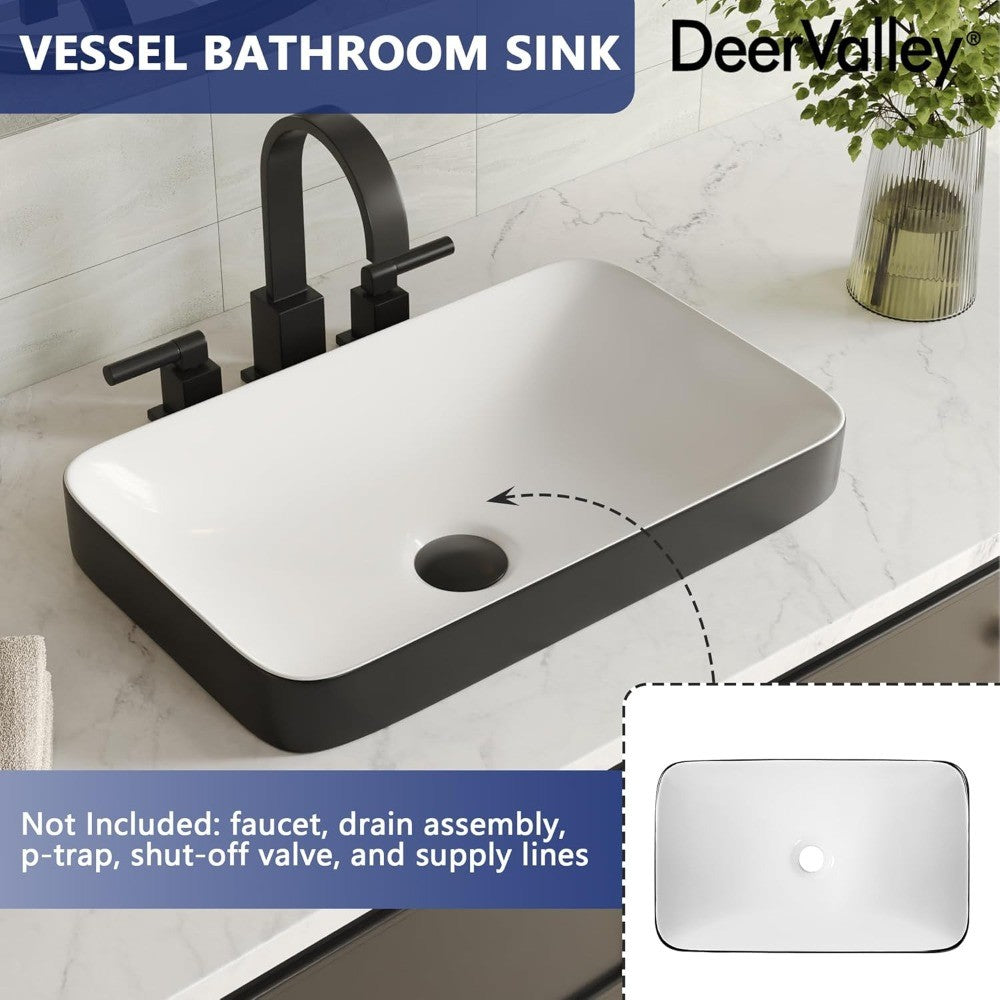 Vessel Sink Rectangle, Black & White Semi Recessed Bathroom Sinks, 18.9x11.61 Modern Rectangular Top Counter Bathroom