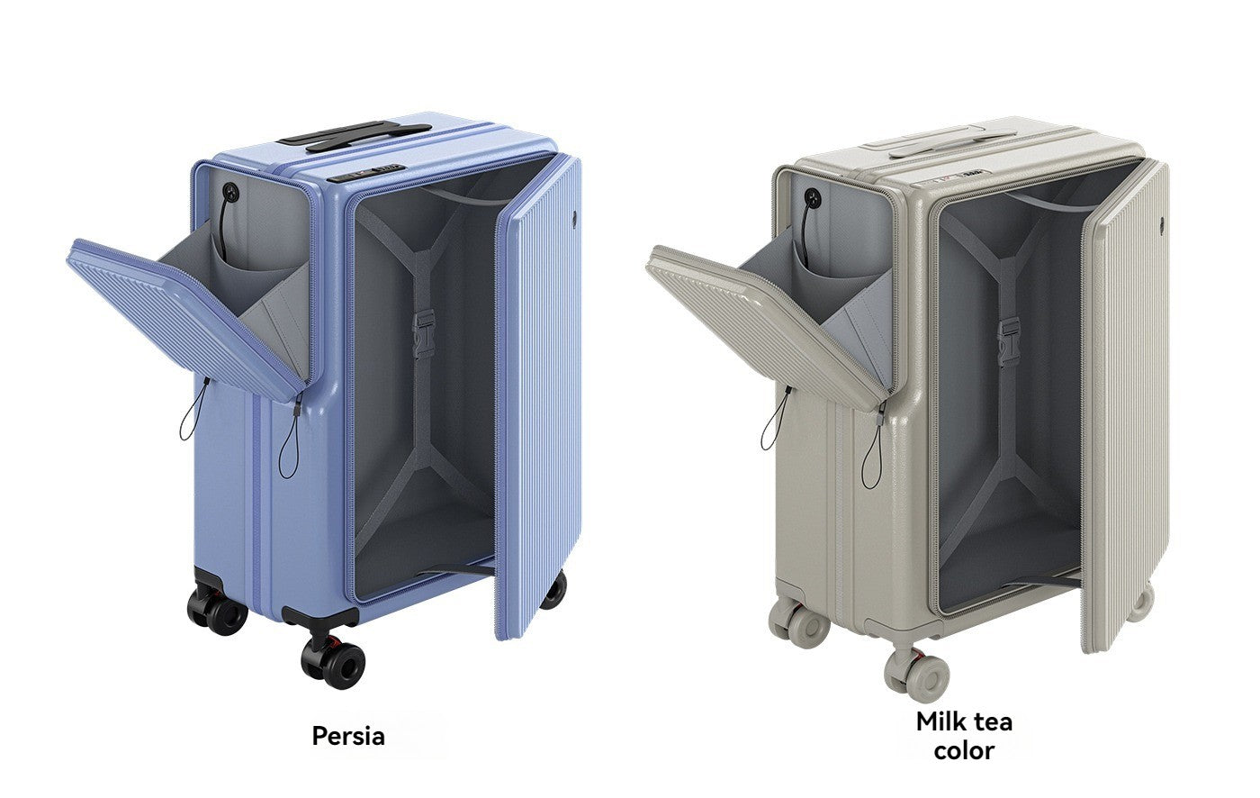 Nova Bagagem com Abertura Frontal de Grande Capacidade, Expansível, Porta-Copos, Carregamento USB, Alça Telescópica e Rodas Universais