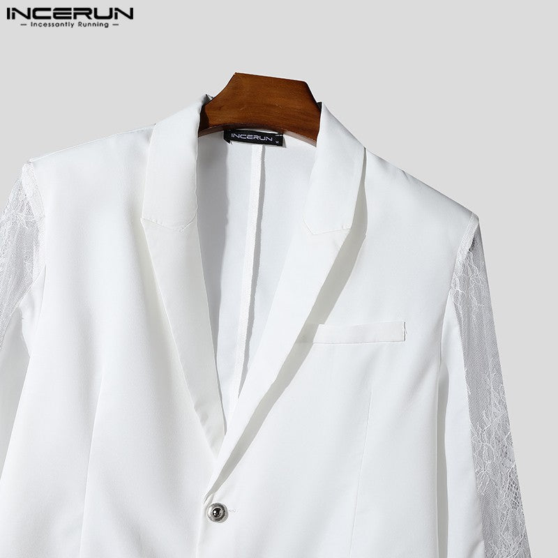 INCERUN Tops 2024 American Style Fashion Mens Perspective Lace Splicing Design Suit Coats Casual Solid Long Sleeved Blazer S-5XL