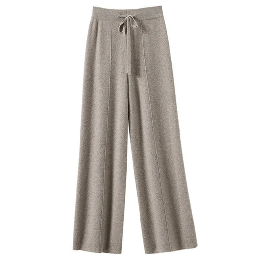 High Waist Wide Leg Pants Mid-Seam Knitted Trousers Drawstring Waist Belted Floor-Length Pure Color Versatile Autumn Winter Casu