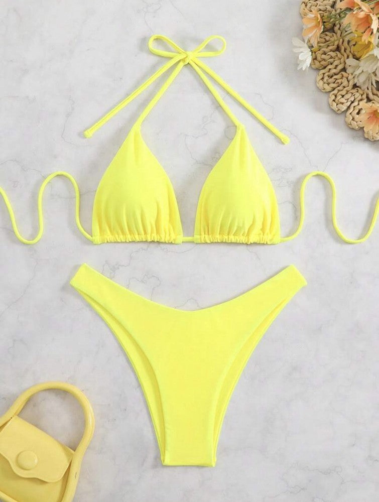 2025 New Bikini Set Women Sexy Simple Solid White/Black/Coffee Halter Bikini Swimsuit Lace Up Brazilian Beach Bathing Suit