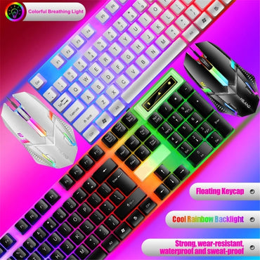 Teclado e Mouse com Fio e Retroiluminação Rainbow, Teclado com Teclas Flutuantes Forte, Resistente ao Desgaste, Sensação Confortável para Escritório Comercial