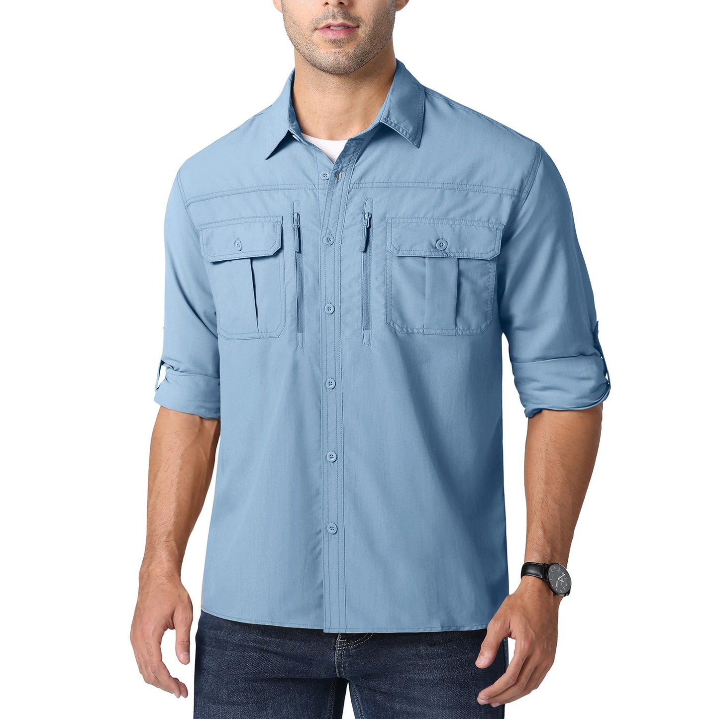 MAGCOMSEN UPF 50+ Mens Quick Dry Cargo Shirts Mesh Breathable Long Sleeve Work Shirts UV block Outdoor Hiking Fishing Shirts